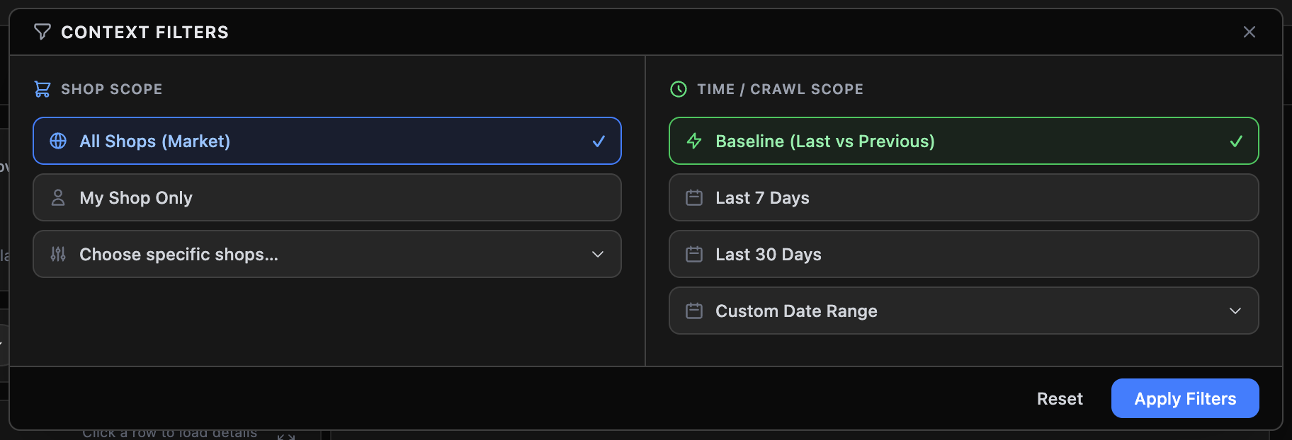 Context Filters: shop scope and time/crawl scope